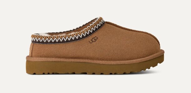 UGG Classic Mini Slipper in chestnut color, featuring soft suede and a cozy shearling lining for comfort.