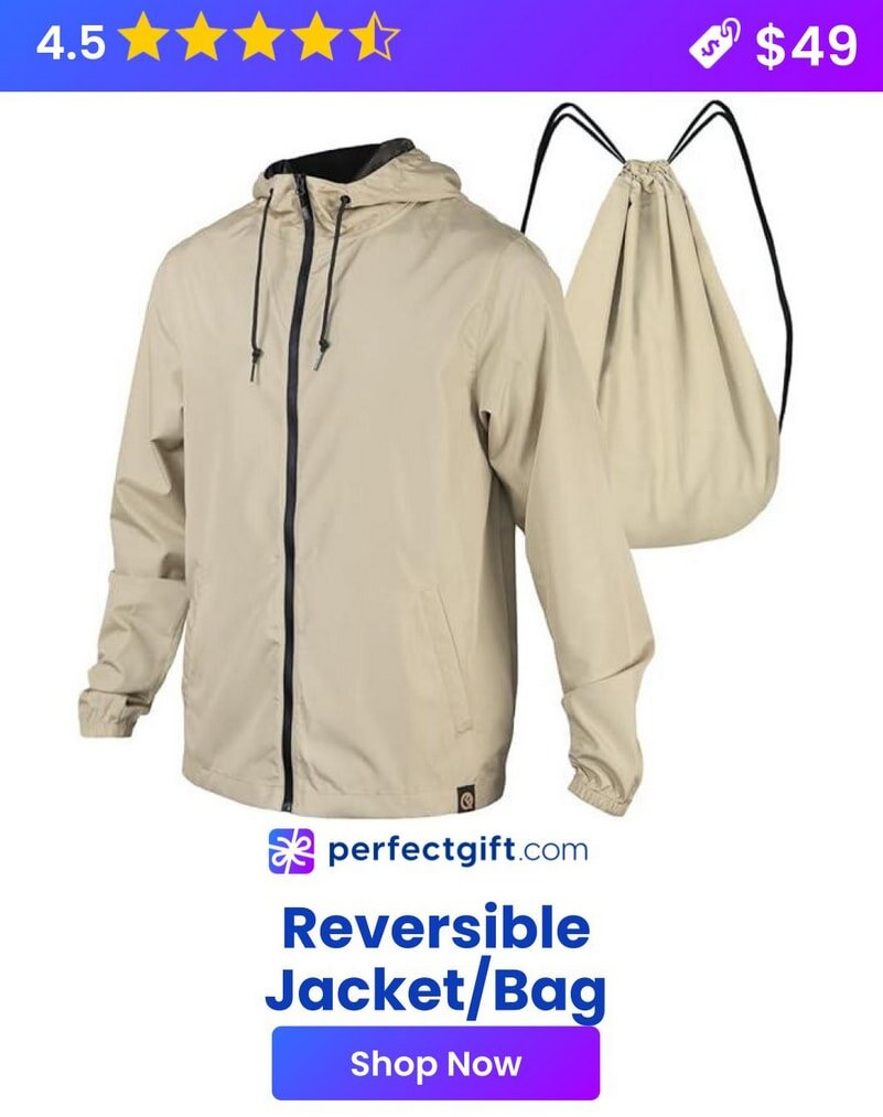 Reversible beige jacket transforms into a bag, rated 4.5 stars, priced at $49. Available at perfectgift.com. Shop now!