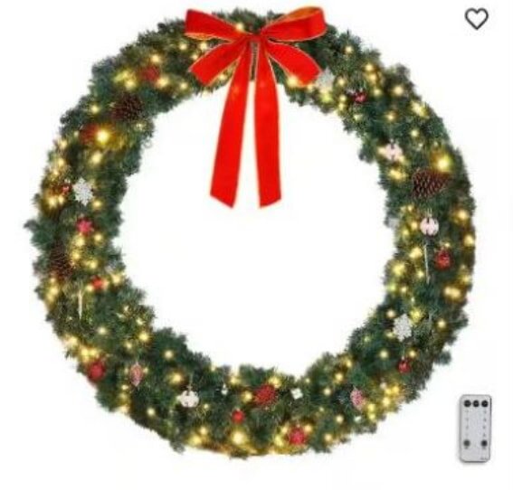 A festive Christmas wreath adorned with lights and a remote control for adjusting the lighting settings.