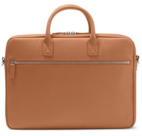 A sleek tan leather briefcase with sturdy handles and a silver zipper on the front. The design is minimalist and professional, exuding elegance.