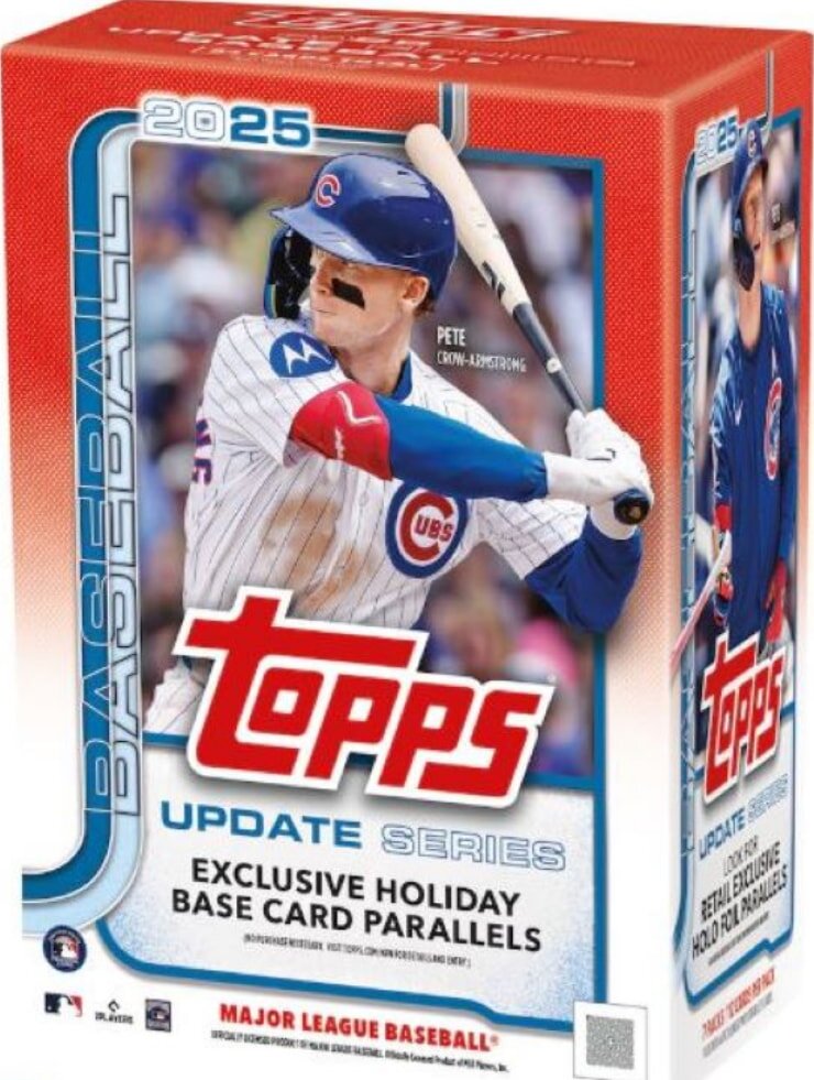 Chicago Cubs baseball card box displayed, featuring team colors and logo prominently on the front.