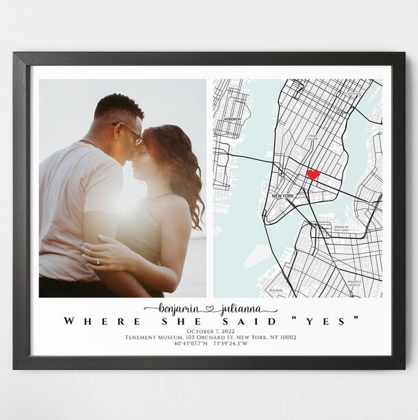 Personalized map print titled "Where We Said Yes," highlighting a significant location in a romantic context.