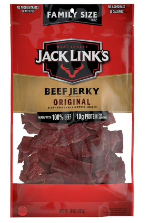 Original Jack Link's beef jerky package featuring a bold logo and a rustic design, showcasing the product's flavor.