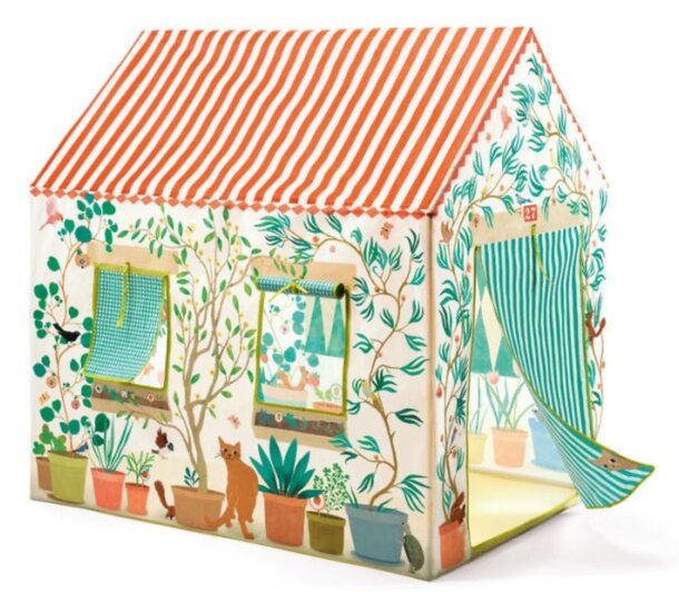 A colorful playhouse surrounded by various plants and playful animals, creating a whimsical outdoor scene.
