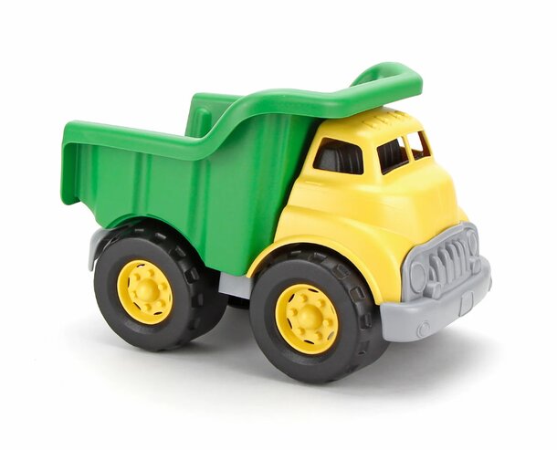 A bright toy dump truck on a white background, showcasing its design and features.