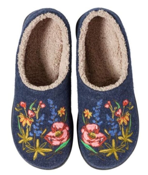 Cozy blue slippers with soft beige lining, featuring colorful floral embroidery of pink, yellow, and blue flowers, convey warmth and comfort.