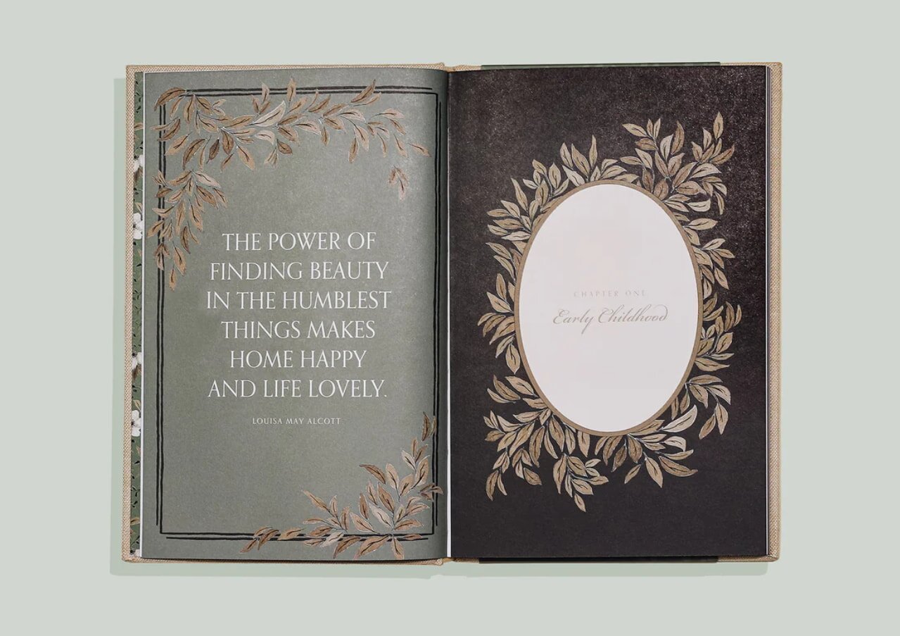 A gold-framed open book features a prominent quote, inviting reflection and thought.