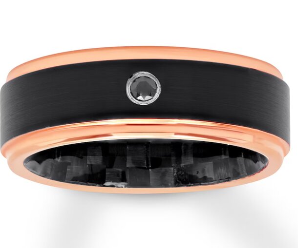 Elegant men's wedding band in black and rose gold, adorned with a diamond for a sophisticated touch.