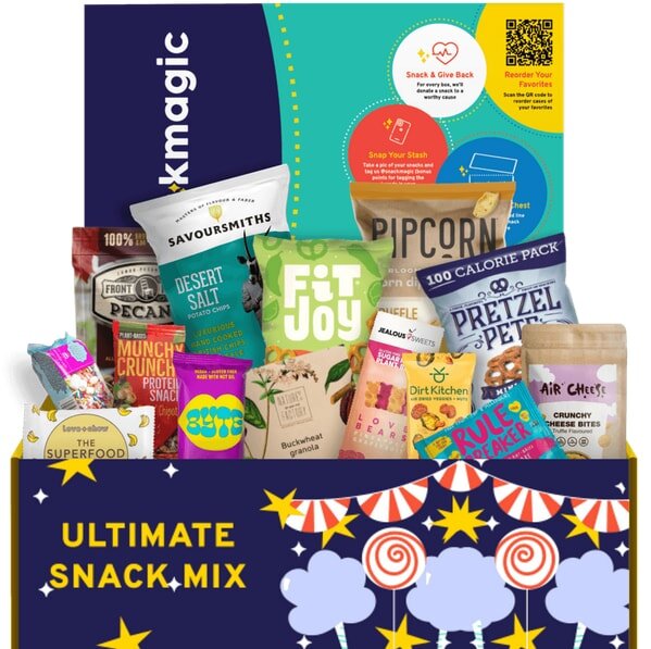 Snack box with diverse treats: chips, pretzels, granola. "Ultimate Snack Mix" text and colorful graphics on the box.