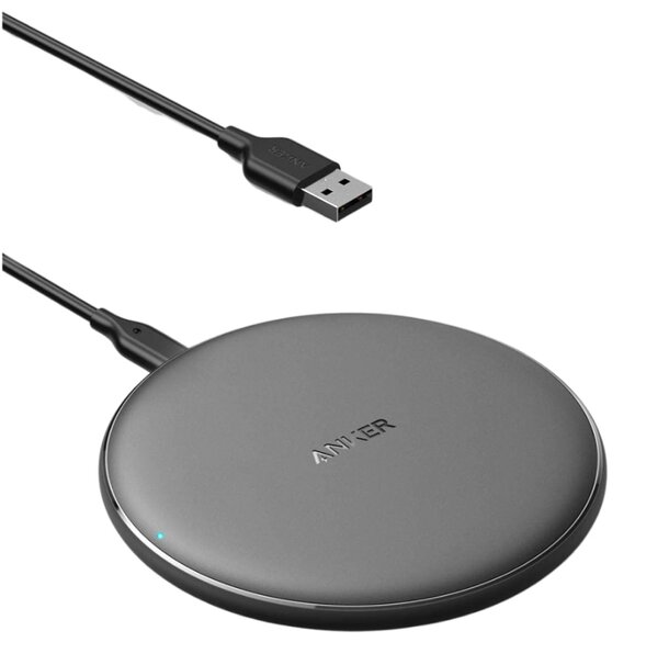 Anker wireless charging pad with a sleek design, suitable for charging compatible devices without cables.