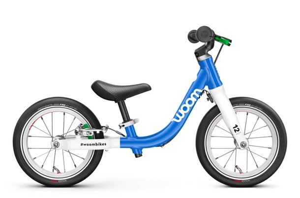 A blue and white bicycle featuring a distinctive green rim.