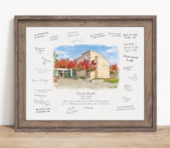 Framed artwork with a building illustration, surrounded by handwritten messages and a central dedication to Linda Smith.