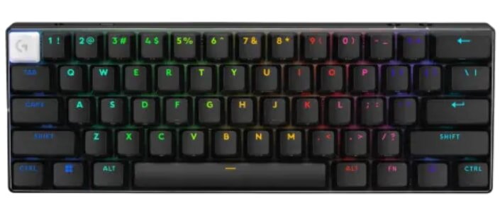 Compact black keyboard with RGB backlit keys, displaying vibrant colors. The keyboard exudes a high-tech, gaming aesthetic.