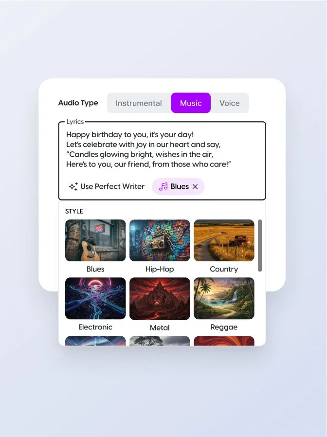 Perfect DJ audio demo showing a generated birthday song with music style options