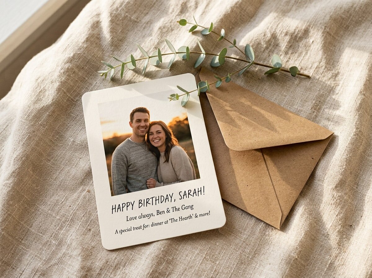 A personalized gift card with a custom photo, representing a flexible and thoughtful just because gift