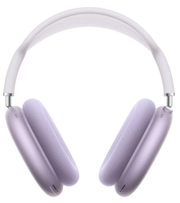 New Apple headphones in purple and white colors displayed together on a neutral background.