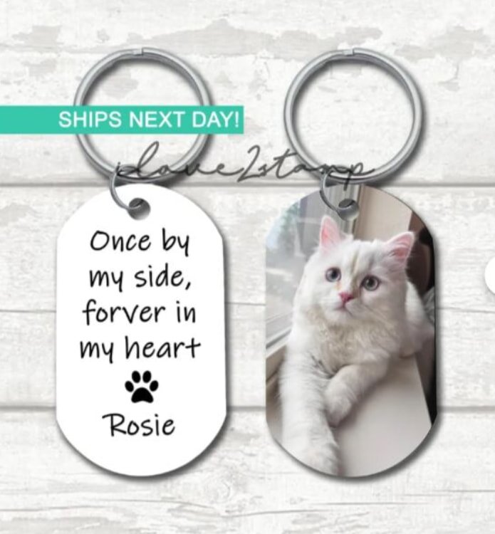 Keychain with two tags. The left tag reads "Once by my side, forever in my heart" with a paw print and "Rosie." The right tag shows a fluffy white cat by a window.