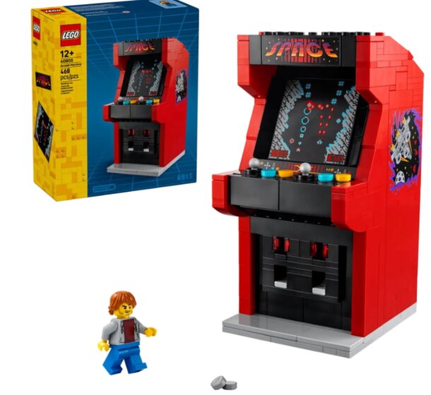 A colorful LEGO® retro arcade machine model featuring classic game graphics and joystick controls.