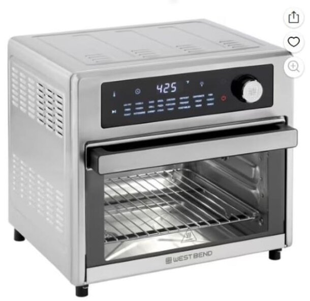 A toaster oven featuring a sleek design and a clear digital display for easy temperature and timer settings.