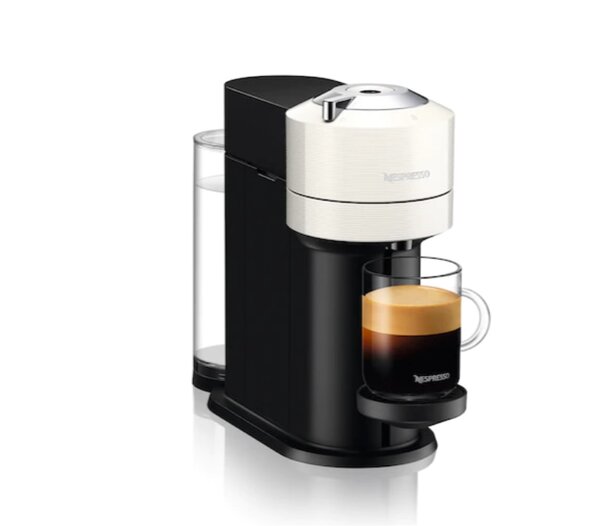 White Nespresso machine with a sleek design, showcasing modern aesthetics and functionality.