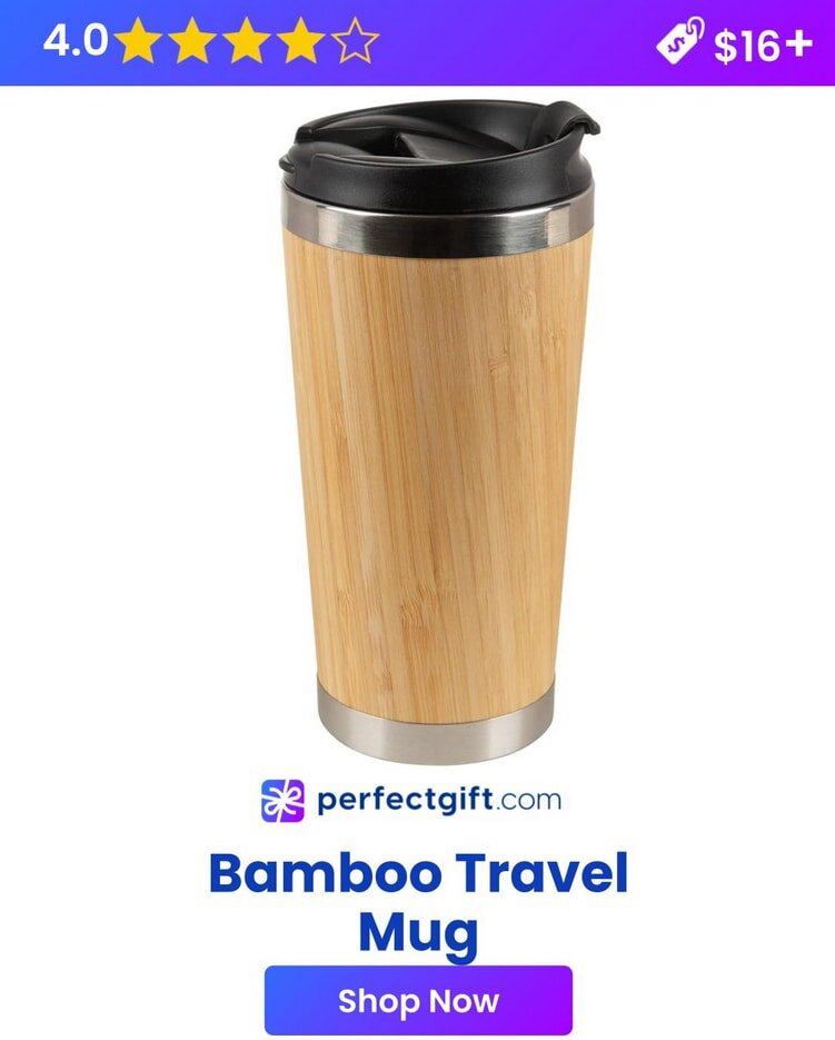 A display of bamboo travel mugs in a shop, showcasing eco-friendly designs and various colors for sustainable living.