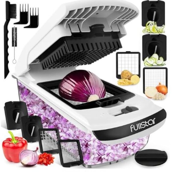 A food processor filled with chopped onions and assorted vegetables ready for preparation.