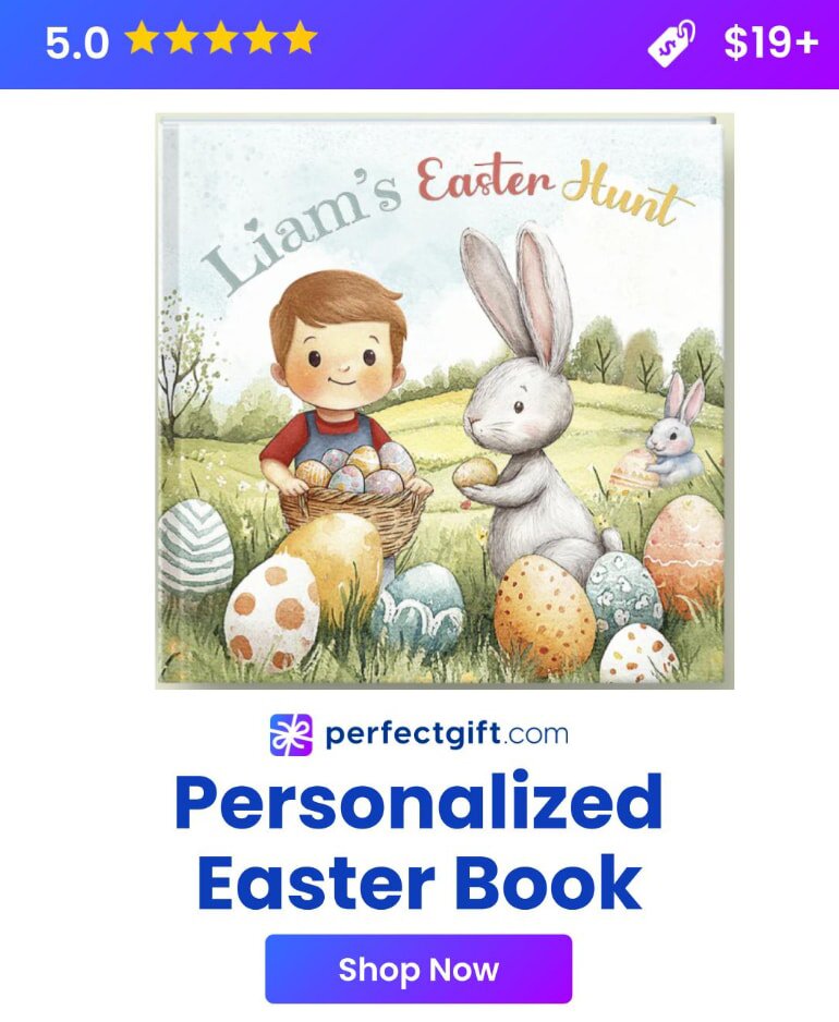 A personalized Easter book featuring a colorful cover with illustrations of eggs and bunnies, tailored for a child's name.