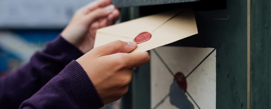 Hands in a purple sweater place a sealed letter with a red wax stamp into a green mailbox, conveying a sense of nostalgia and anticipation.