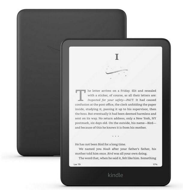 Amazon Kindle Paperwhite e-reader displaying a book on its screen, featuring a sleek design and built-in light.