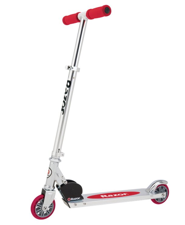A white and red scooter featuring red wheels, positioned on a flat surface.
