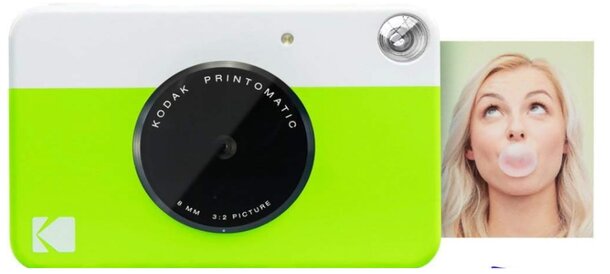 A green and white camera displaying a woman's face graphic on its surface.