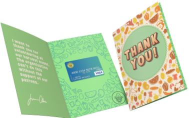 Two standing overlapping greeting cards, one with text and a credit card design, and one with "THANK YOU" on the cover.