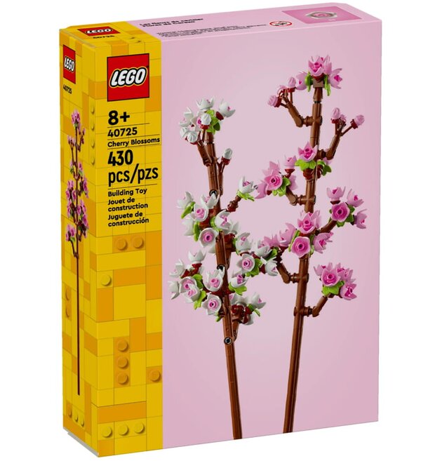 A vibrant LEGO® City® display with spring blossoms, highlighting colorful flowers amidst a lively urban backdrop.