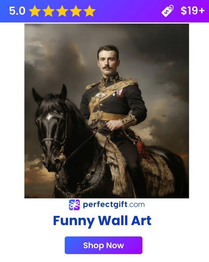 A vintage-style painting features a man in an ornate uniform on a dark horse against a dramatic sky.