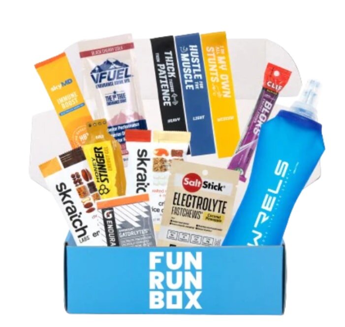 A bright, decorated box for a fun run event, showcasing images of runners and playful graphics to attract participants.