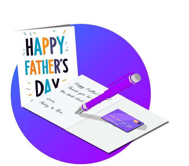 Two customized greeting cards. One opened with text and a gift card inside. 
