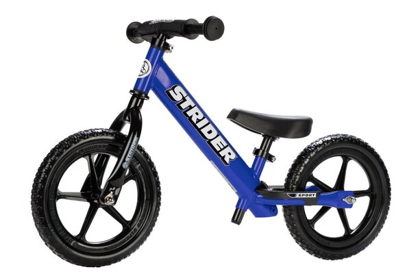 Blue strider balance bike designed for young children to develop balance and coordination skills.