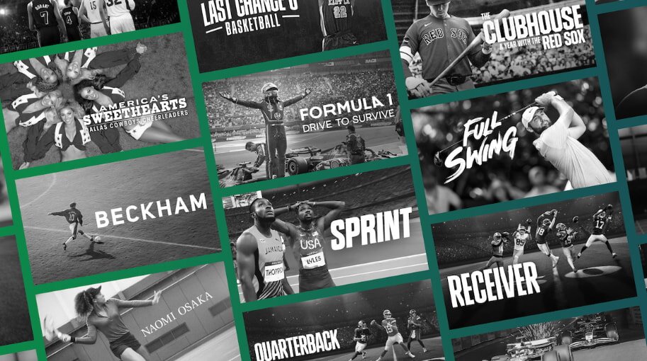 Collage of sports images featuring basketball, motorsports, baseball, running, tennis, and golf. Each image includes titles like "Last Chance U" and "Formula 1" in bold text.