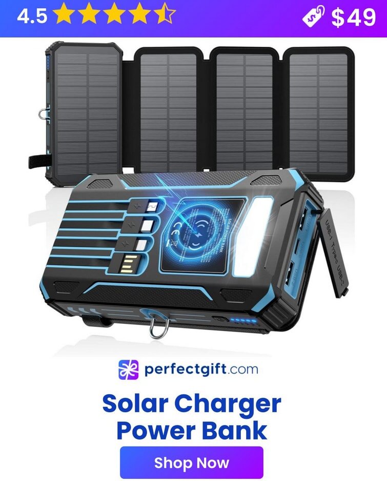 Solar charger power bank with foldable panels, 4.5 stars, $49. PerfectGift.com offers it as an ideal tech gift. Shop now.