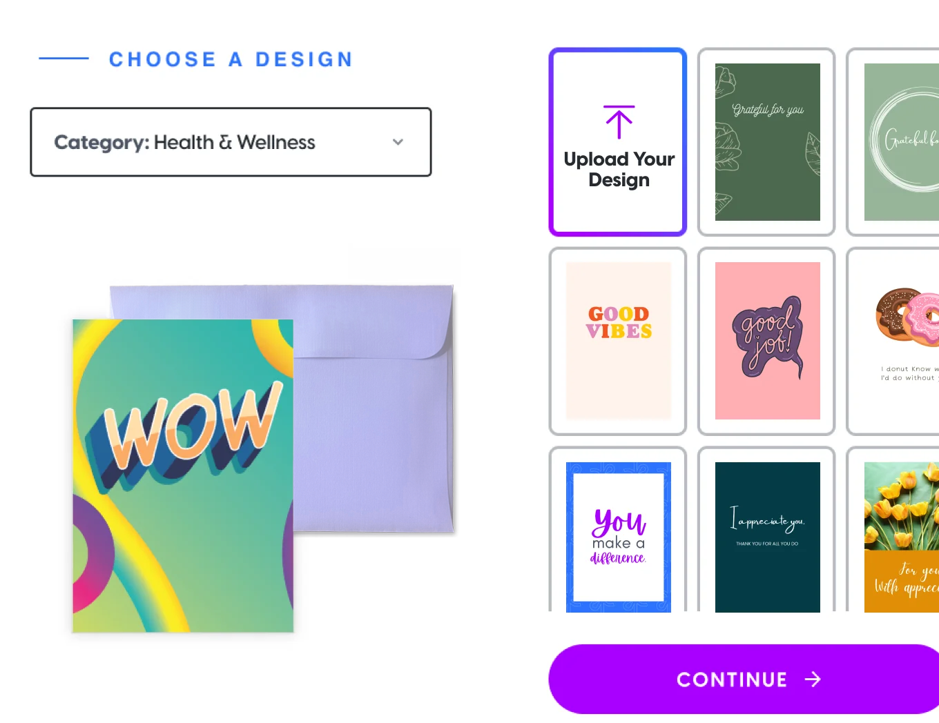 Webpage showing greeting card designs with a "Choose a Design" category filter.