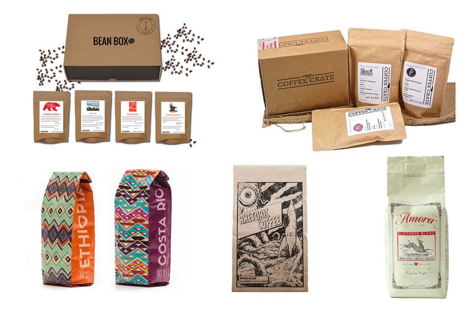 A collection of different coffee packaging, including boxes and bags from various brands with labels indicating their origins and blends.