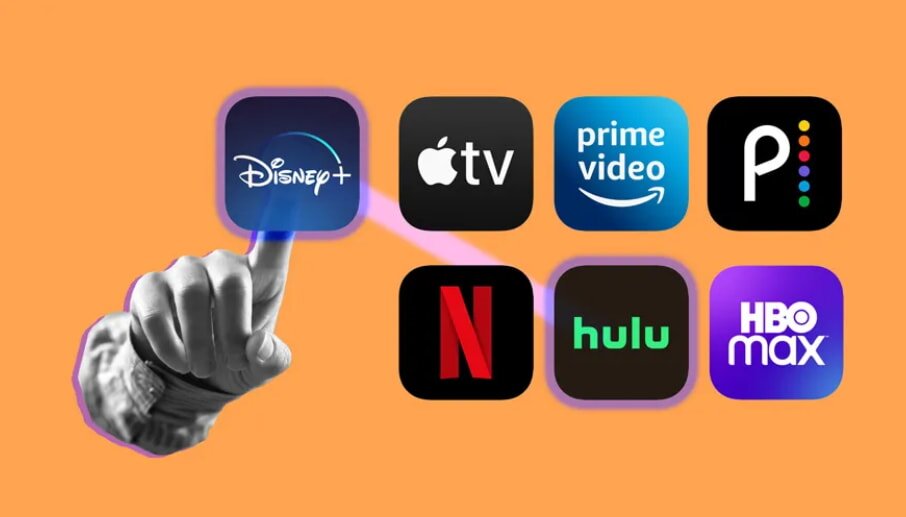 Hand selecting Disney+ icon among popular streaming services