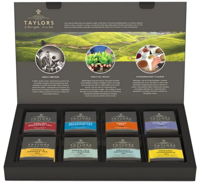 A decorative tea box from Taylors of Hamilton, featuring an elegant design and various tea selections inside.