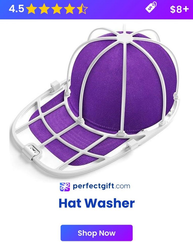 Purple hat in a white plastic frame for washing, rated 4.5 stars, priced $8+, available at perfectgift.com. Shop now.