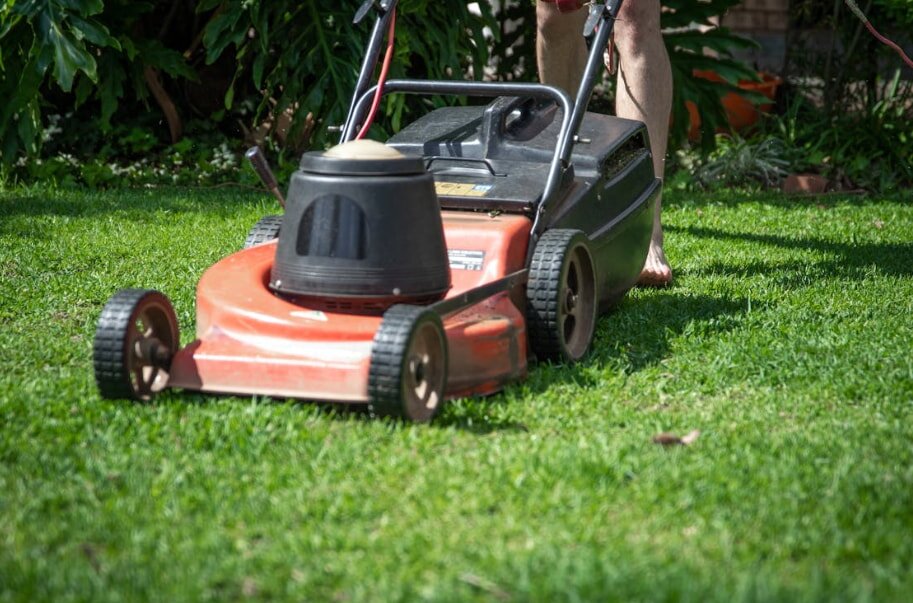Person mowing green grass with a red lawnmower, surrounded by lush plants. The scene conveys a sense of outdoor care and routine maintenance.