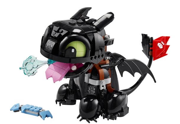 A LEGO set inspired by "How to Train Your Dragon," including dragons and characters in a colorful, imaginative scene.