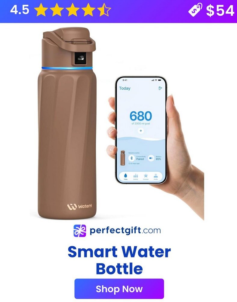 Smart water bottle with app display showing 680 ml progress. Rated 4.5 stars, priced at $54. Available at perfectgift.com.