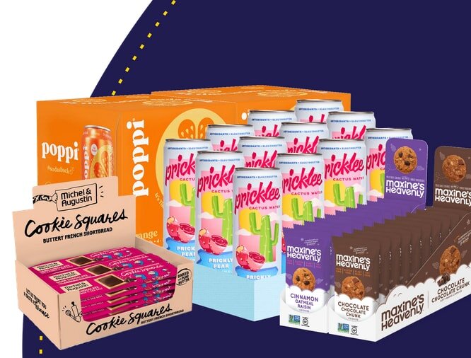 Poppi orange soda, Pricklee cactus water, Michel et Augustin cookie squares, and Maxine's Heavenly cookies on display.