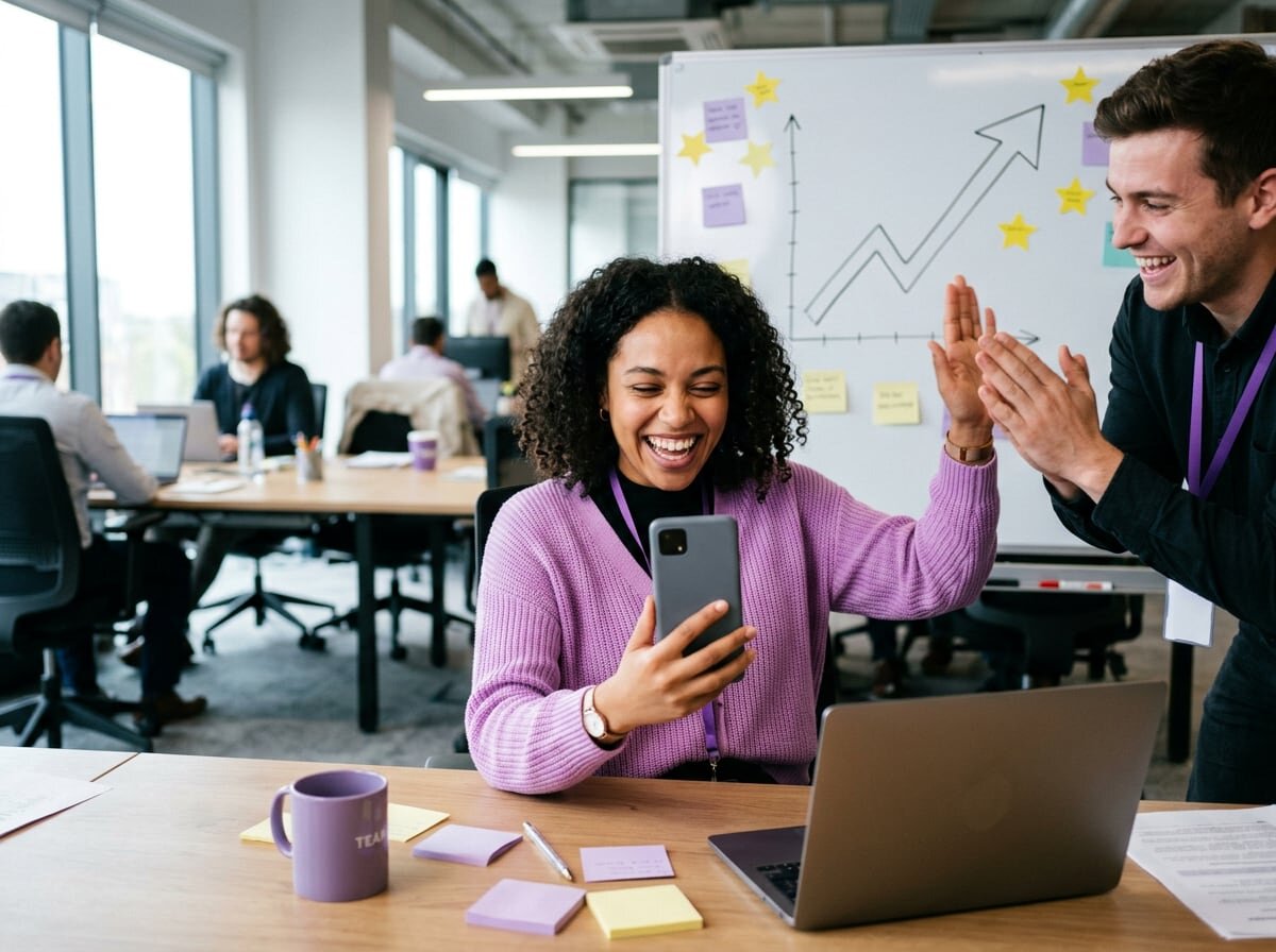 Sales representative smiling at her phone after receiving a digital reward while a teammate gives her a high-five in an open-plan office