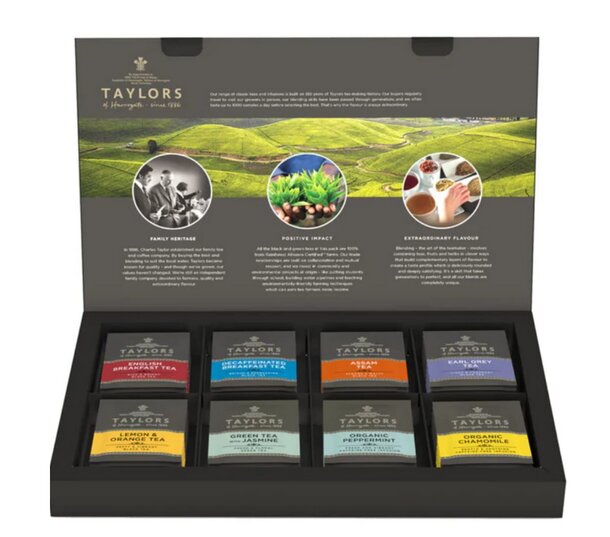 Six tea varieties in a Taylor's tea box.